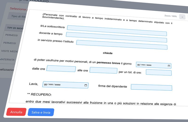 Schermata della modulistica digitale: un docente compila online la richiesta di permesso breve, con nome, istituto, giorno, orario, firma e i pulsanti Annulla e Salva e Invia.
